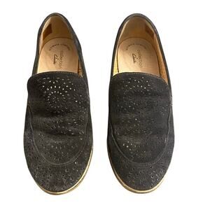 Clarks Collection Black Suede Loafers Perforated Slip On Shoes 8.5M Comfort